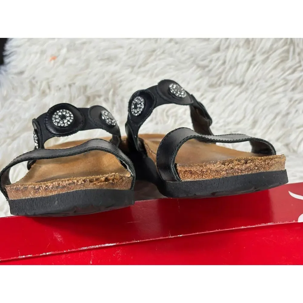 Naot Sandals Womens Size 7 EU 38 Black Leather Rhinestone Cork Wedge Slide